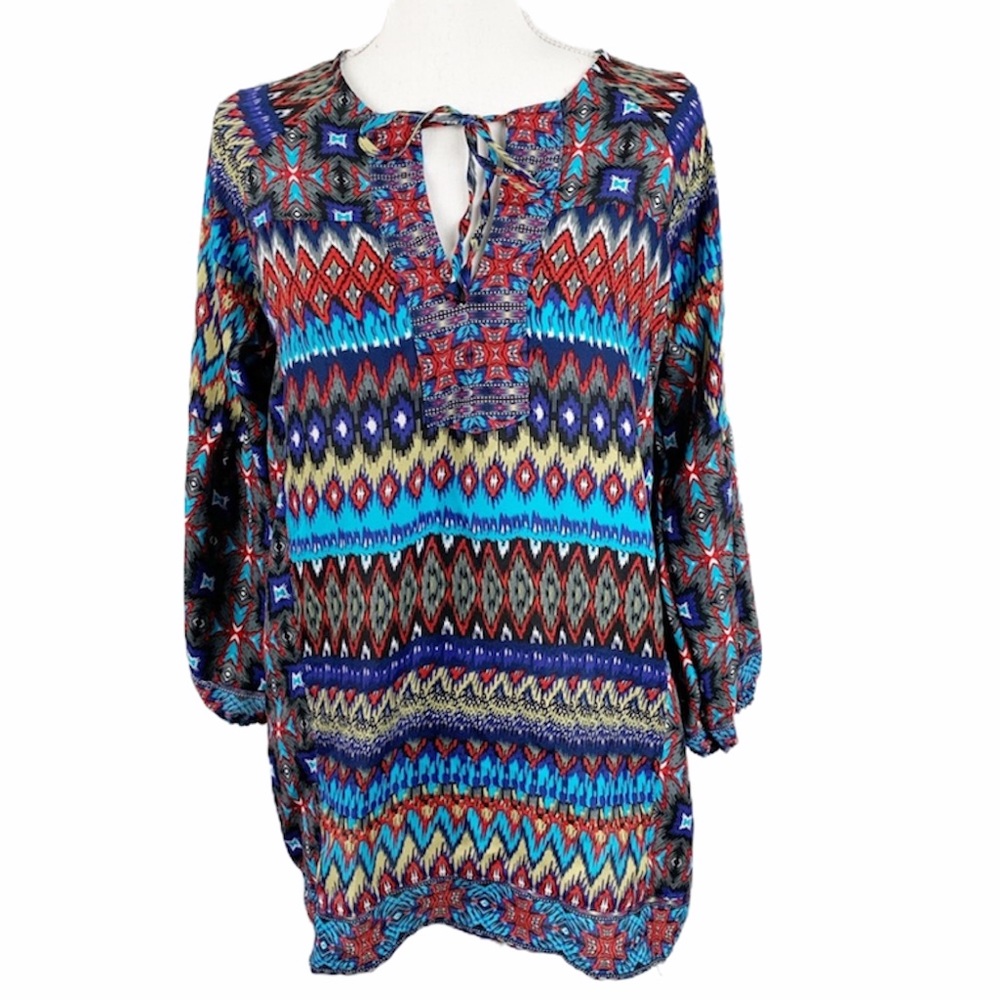 NLW Blouse Women Small Long Sleeve Blue Relaxed Fit Boho Top Tunic Bohemian Boho